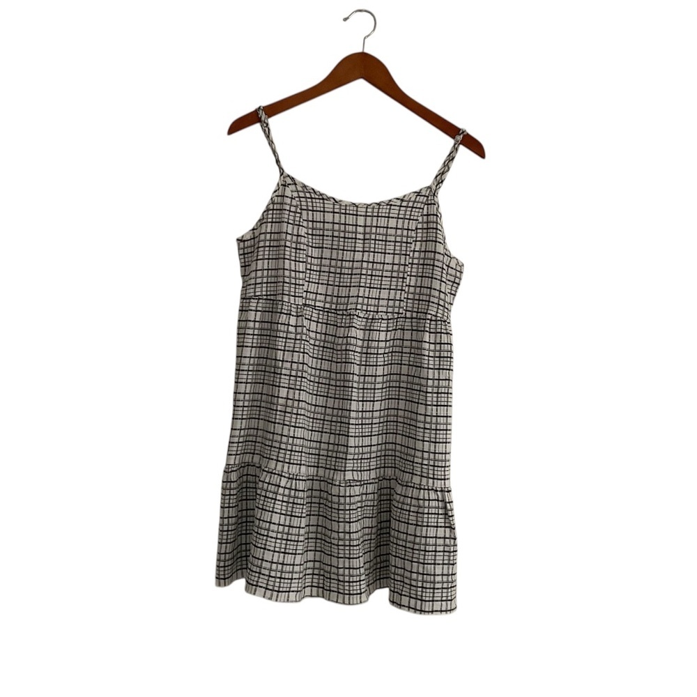 Altar'd State Plaid Tiered Babydoll Mini Dress Sz L Black White Boho Festival